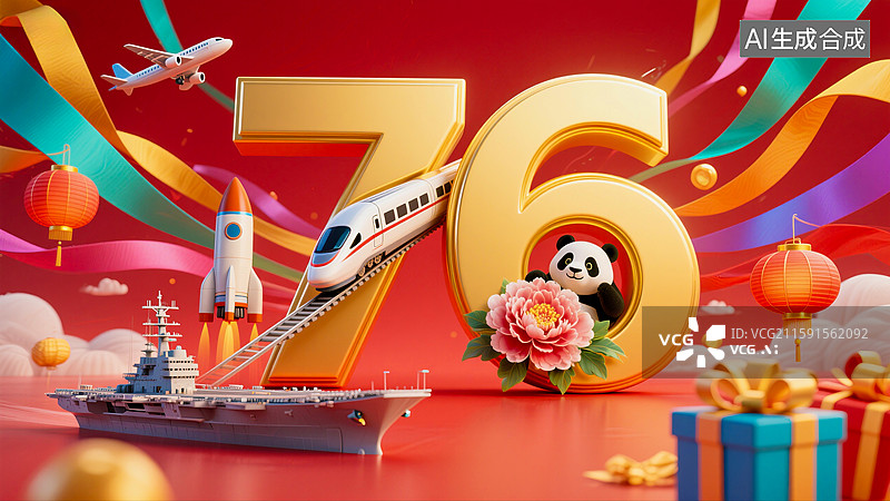 【AI数字艺术】国庆节76周年主题，红色背景，高铁，航母，熊猫，庆祝图片素材