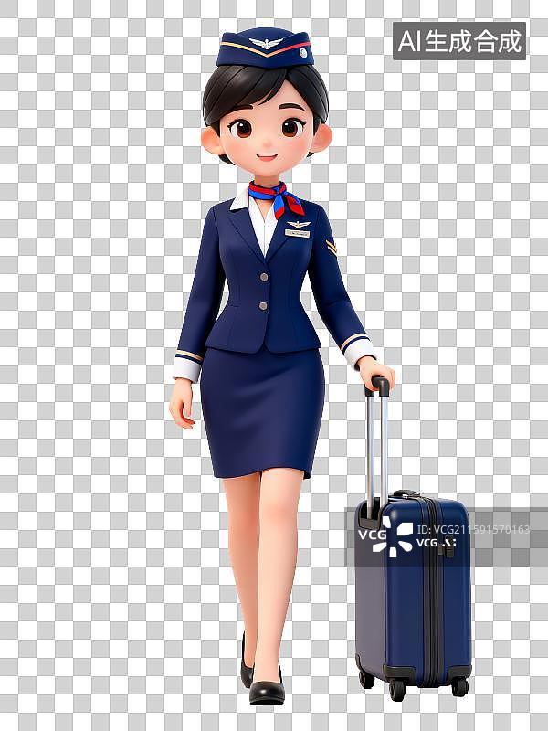 【AI数字艺术】3D免抠元素，一个空姐拉着拉杆箱图片素材