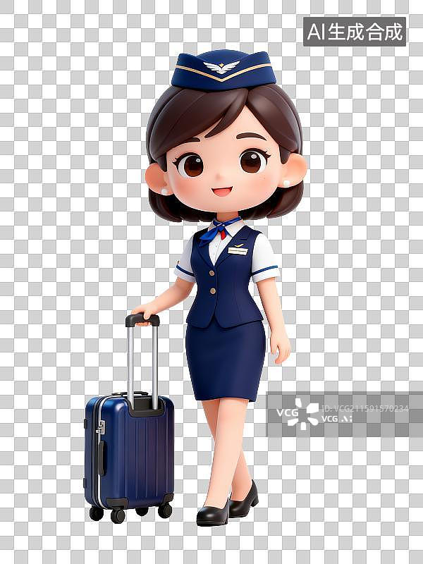 【AI数字艺术】3D免抠元素，一个空姐拉着拉杆箱图片素材