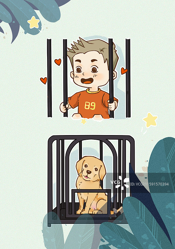 男孩初见小金毛图片素材