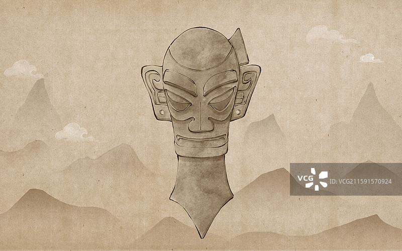 三星堆文物 笄发青铜人头像水墨古风插画图片素材