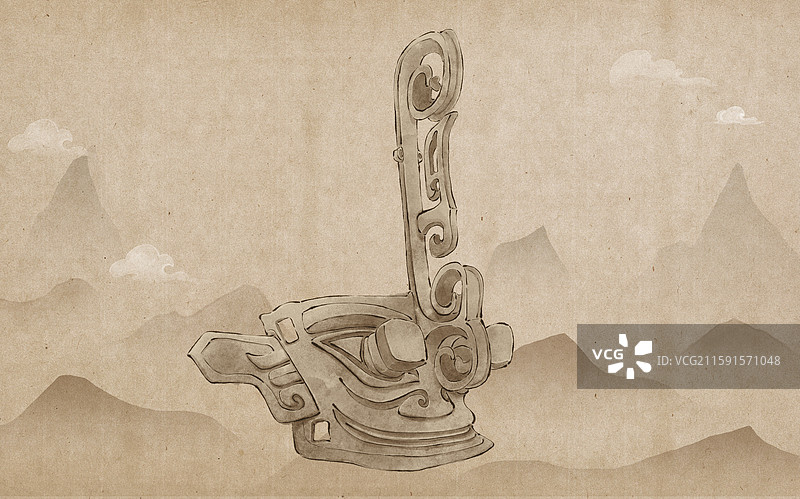 三星堆文物 青铜戴冠纵目面具水墨古风插画图片素材