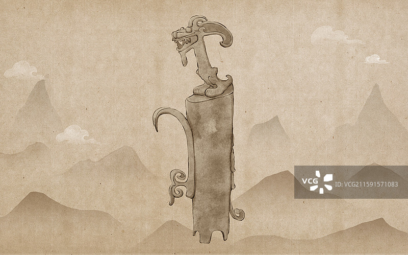 三星堆文物 青铜龙柱形器水墨古风插画图片素材