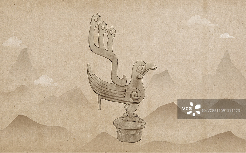 三星堆文物 青铜鸟水墨古风插画图片素材