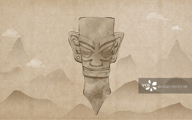 三星堆文物 青铜人头像水墨古风插画图片素材