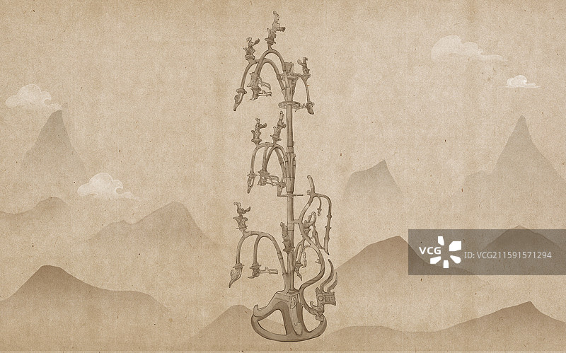 三星堆文物 青铜神树水墨古风插画图片素材