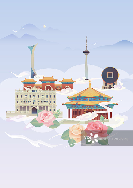 沈阳城市建筑风景插画图片素材