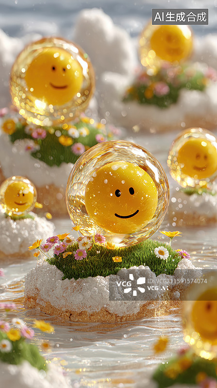 【AI数字艺术】笑脸球与花朵装饰的雪景摆设图片素材