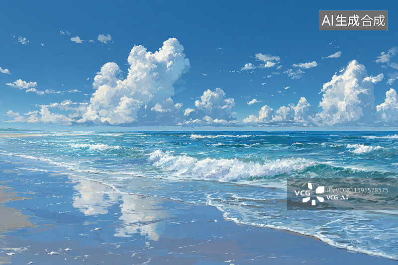 【AI数字艺术】蓝天白云下的宁静海滩图片素材