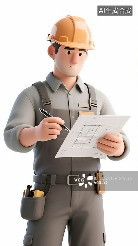 【AI数字艺术】AIGC：3D卡通 头戴安全帽的男性工程师图片素材