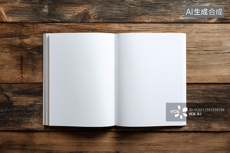 【AI数字艺术】木质背景上打开的空白书本图片素材