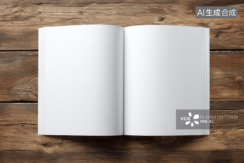 【AI数字艺术】木质背景上打开的空白书本图片素材