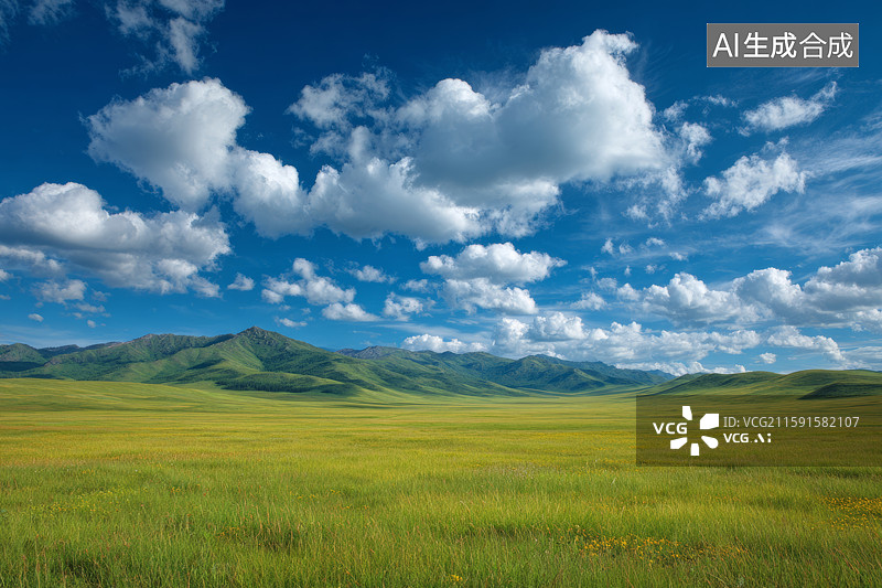【AI数字艺术】蓝天白云下的广阔草原图片素材