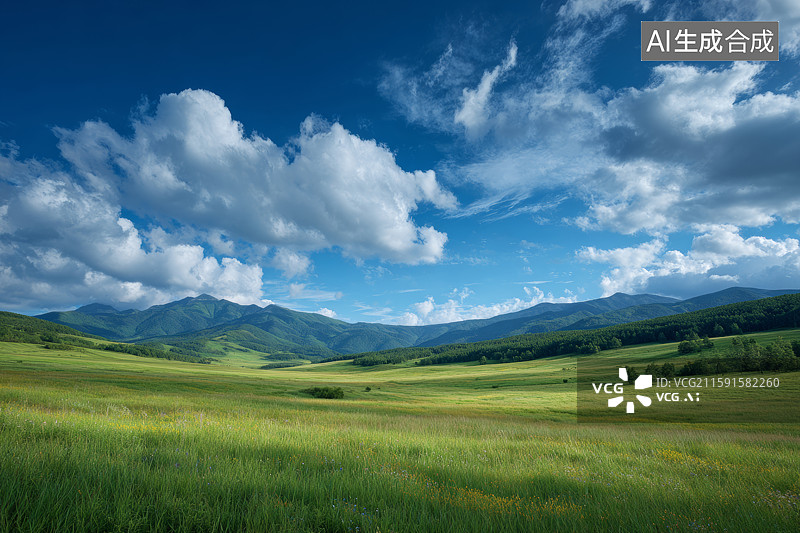 【AI数字艺术】蓝天白云下的广阔草原图片素材