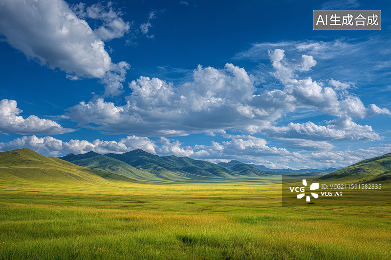 【AI数字艺术】蓝天白云下的广阔草原图片素材