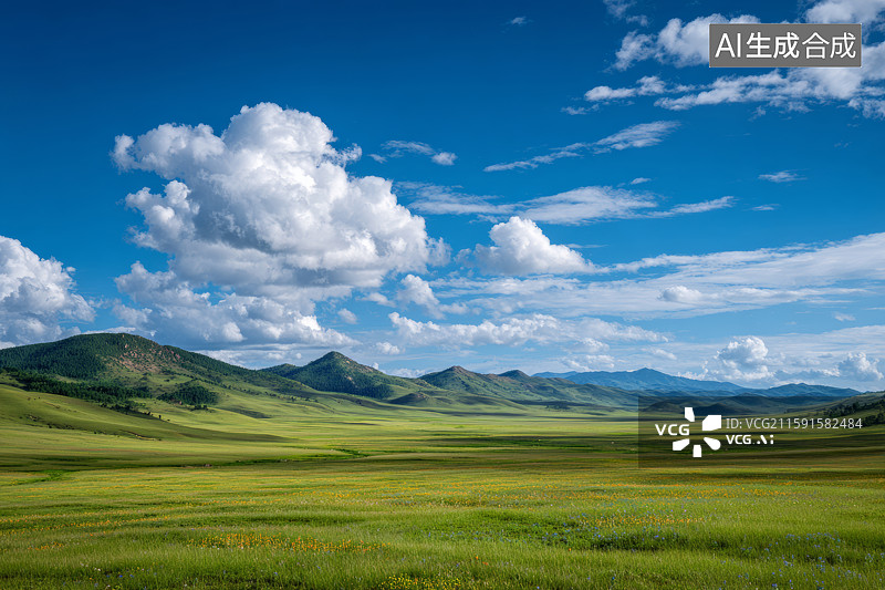 【AI数字艺术】蓝天白云下的广阔草原图片素材