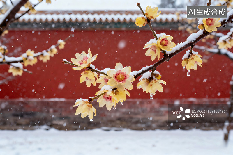 【AI数字艺术】红色宫墙为背景，雪天盛开的腊梅花图片素材