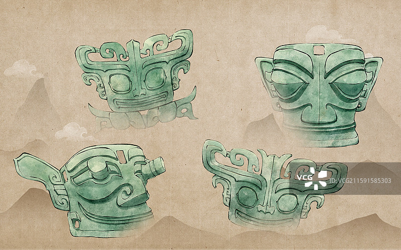 巴蜀文明三星堆文物古风水墨插画，青铜兽面和青铜面具图片素材