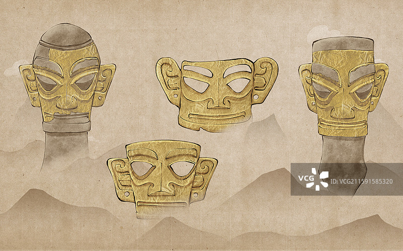 巴蜀文明三星堆文物古风国潮水墨插画，青铜人头像和黄金面具图片素材