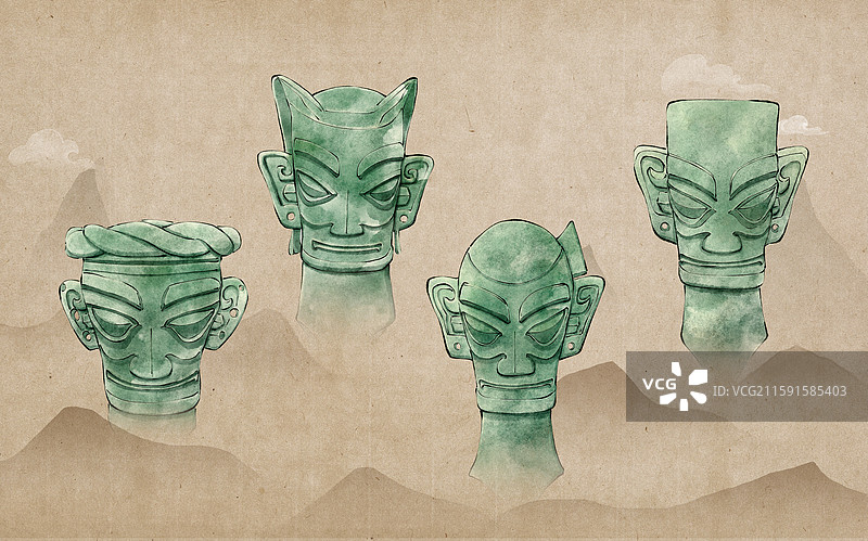 巴蜀文明三星堆文物古风水墨插画，青铜人头像图片素材