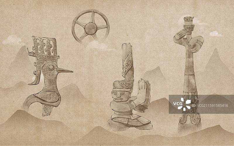 巴蜀文明三星堆文物古风国潮水墨插画，青铜鸟，太阳形器和青铜大立人图片素材