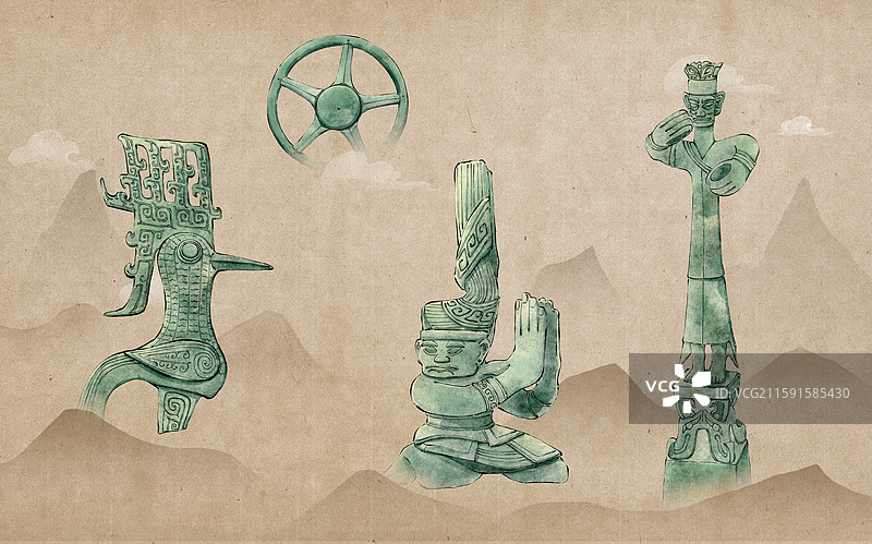 巴蜀文明三星堆文物古风水墨插画，青铜鸟，太阳形器和青铜大立人图片素材