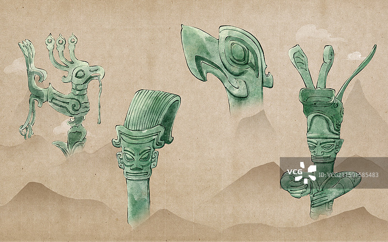 巴蜀文明三星堆文物古风水墨插画，青铜鸟和戴立冠青铜人头像图片素材