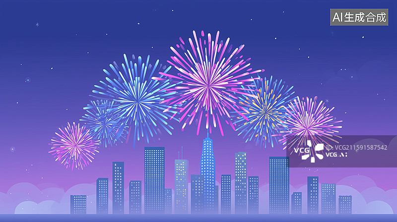 【AI数字艺术】城市夜空烟花庆典插画图片素材