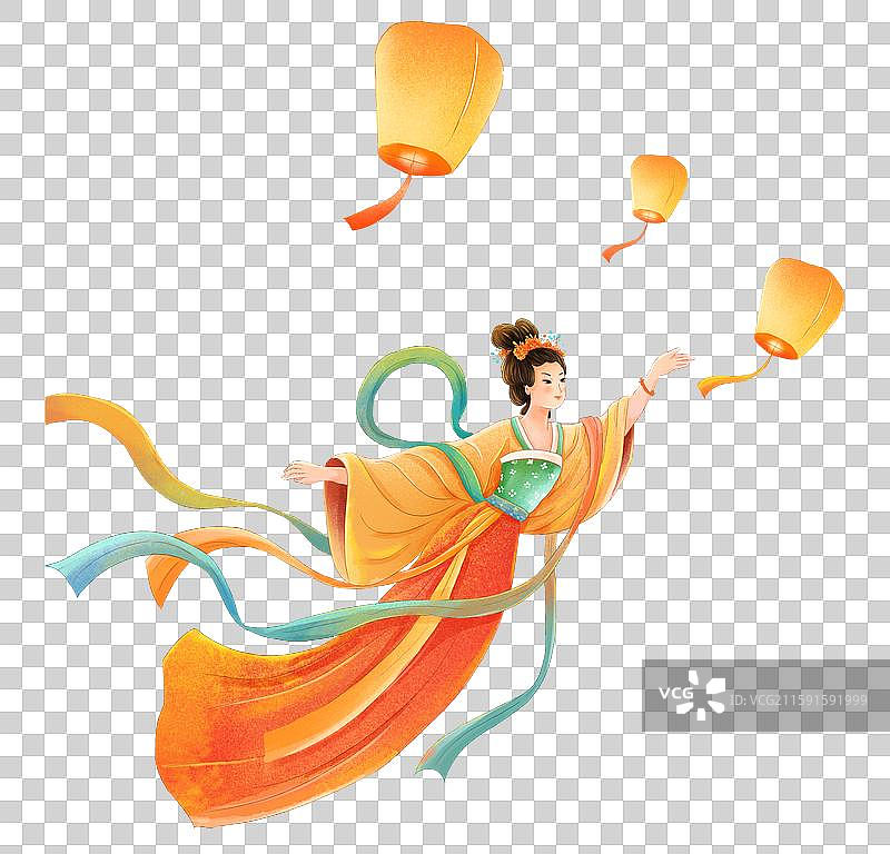 中秋节人物插画元素 婵娥飞天，孔明灯升起图片素材