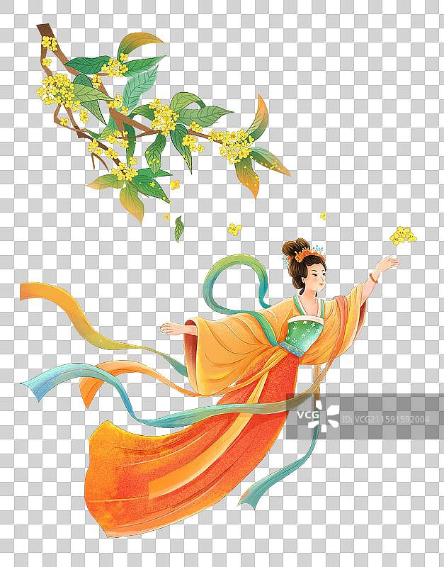 中秋节人物插画元素 婵娥飞天，桂花盛开图片素材