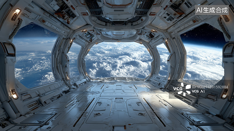 【AI数字艺术】太空站内部视角，俯瞰地球云层图片素材