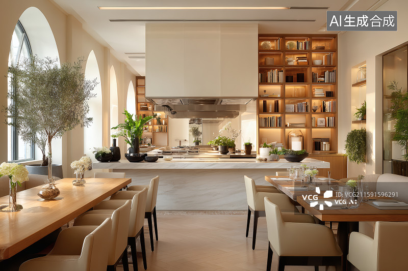 【AI数字艺术】餐馆中整洁有序摆放的餐桌与餐椅图片素材