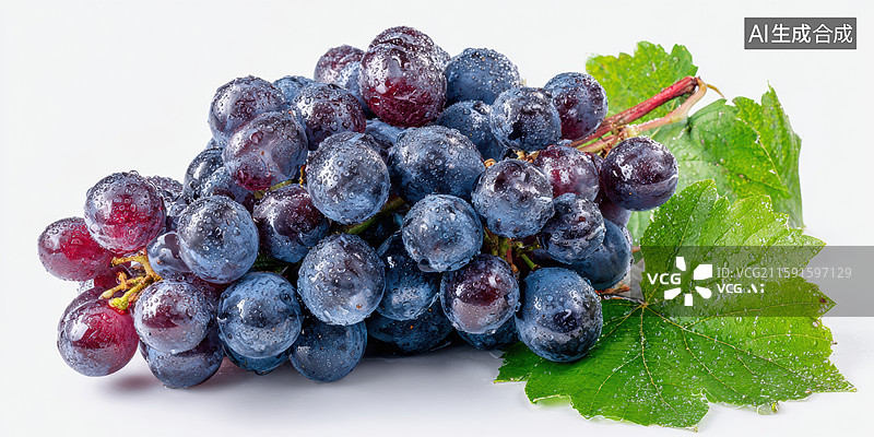 【AI数字艺术】新鲜葡萄串带绿叶白色背景创意商业食品设计节日礼品包装农业维生素水果产品乡村振兴中秋节图片素材