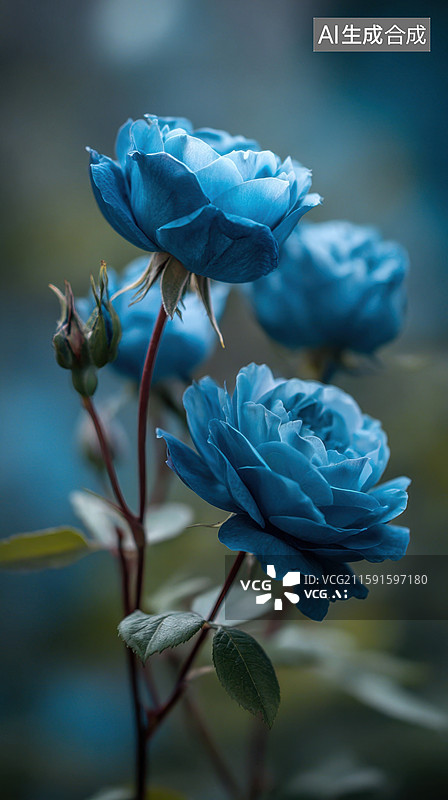【AI数字艺术】优雅蓝玫瑰交响曲背景对称构图的鲜艳蓝玫瑰海报、书籍封面和梦幻壁纸图片素材