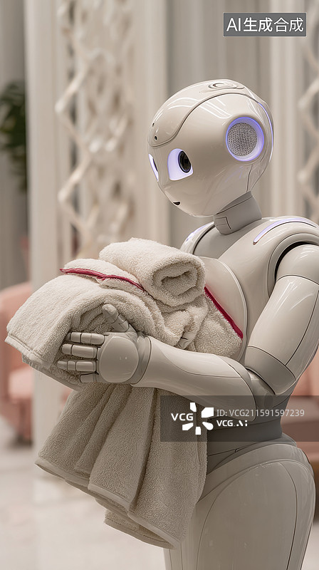 【AI数字艺术】新质生产力未来主义3D插画简约酒店房间中的白色AI机器人手持毛巾创意商业背景服务业清洁技术现代酒店业图片素材