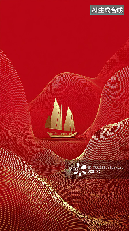 【AI数字艺术】3D金色帆船于红色背景抽象商业插画象征新年目标和一帆风顺中国风设计企业活动海报书籍封面冒险探索理念图片素材