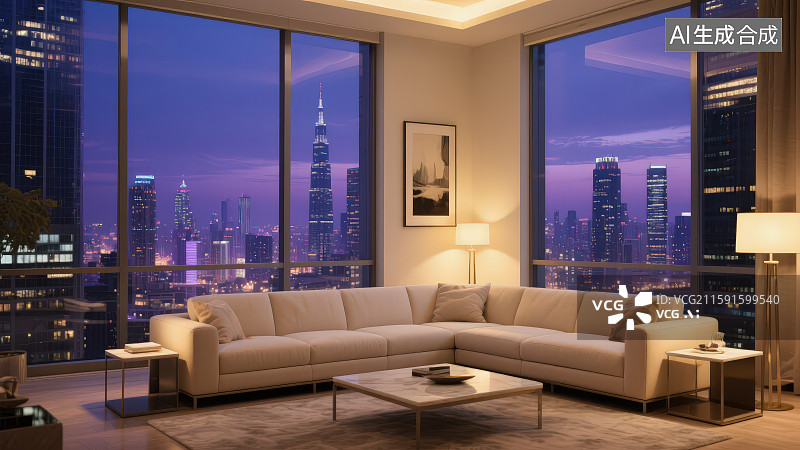【AI数字艺术】城市高楼中现代家居客厅沙发室内装修设计夜晚灯光效果样板间图片素材