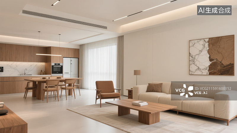 【AI数字艺术】现代家居客厅沙发室内装修设计开放式厨房餐厅轻奢温馨样板间图片素材