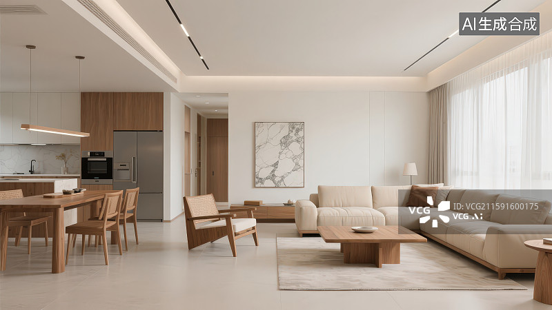【AI数字艺术】现代家居客厅沙发室内装修设计开放式厨房餐厅轻奢温馨样板间图片素材