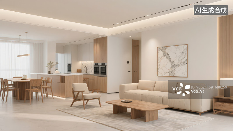 【AI数字艺术】现代家居客厅沙发室内装修设计开放式厨房餐厅轻奢温馨样板间图片素材
