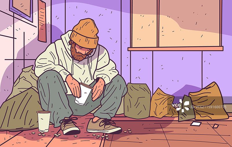 无家可归的男人坐在街角，四周环绕着人群图片素材