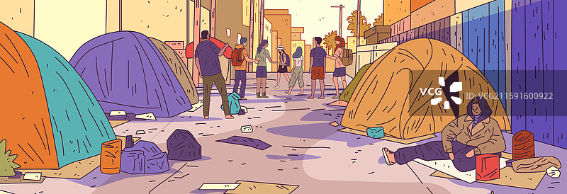 城市流浪汉场景，帐篷和聚集的人们图片素材