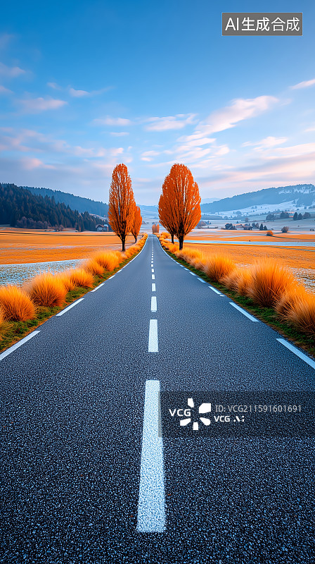【AI数字艺术】秋日清晨的乡村公路图片素材