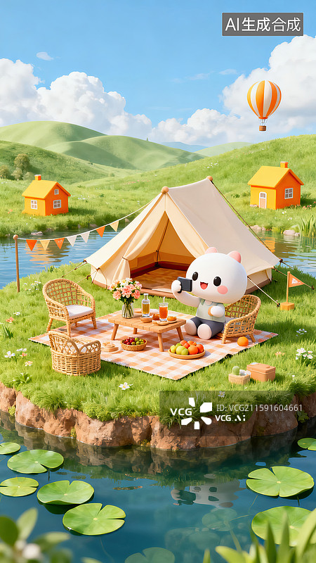 【AI数字艺术】春日旅游露营主题卡通场景图片素材