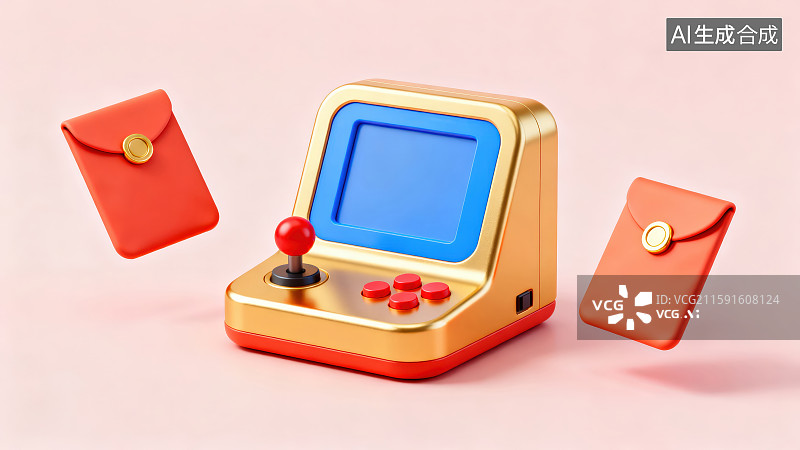 【AI数字艺术】卡通金色摇杆游戏机和左右两边放置的红包图片素材