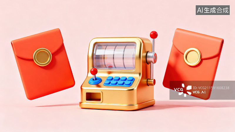 【AI数字艺术】卡通金色摇杆游戏机和左右两边放置的红包图片素材
