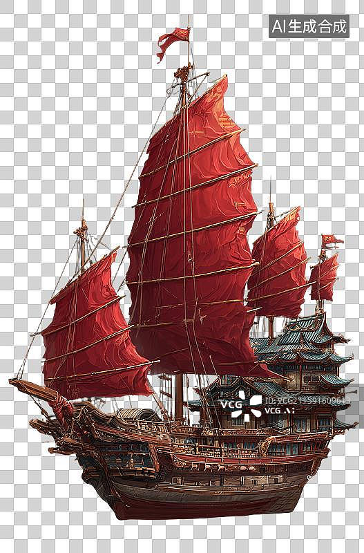 【AI数字艺术】红色风帆的古船图片素材