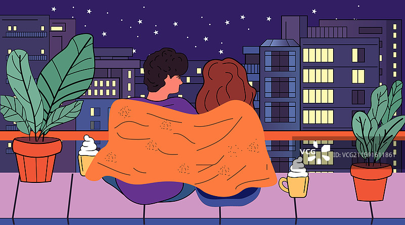 一对情侣在阳台上，夜晚城市景观，温馨场景。图片素材