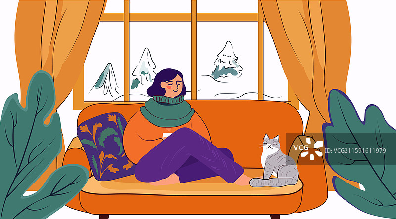 温馨的冬季场景，女人与猫在室内放松图片素材