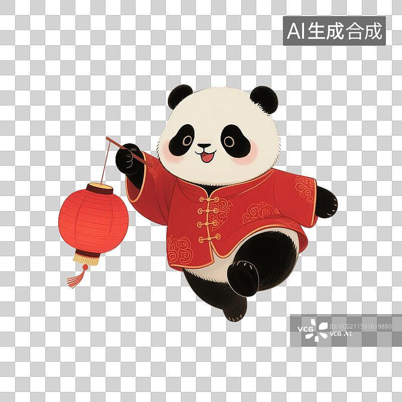 【AI数字艺术】国风手绘插画，拿着红色灯笼的可爱卡通大熊猫，熊猫，国宝，春节，新年，国庆节，中秋节，元宵节，免抠元素图片素材